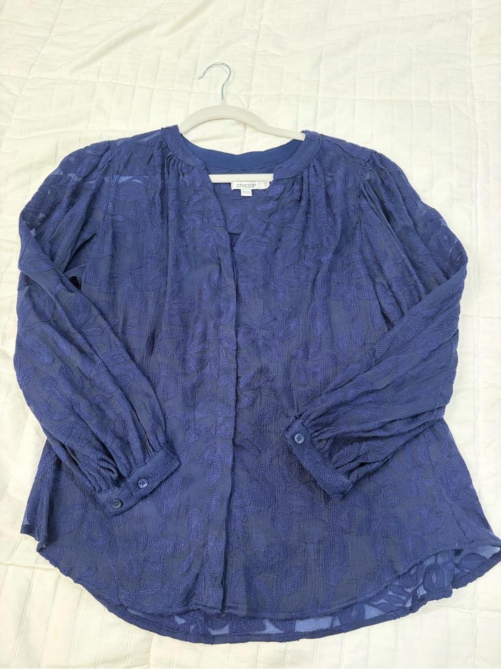 Chico's Deep Blue Textured Long-Sleeve Blouse